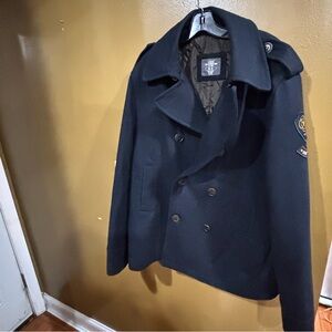 H&M Men’s L.O.G.G. Wool-Blend Dark Blue Pea Coat with Patch on Sleeve. XL